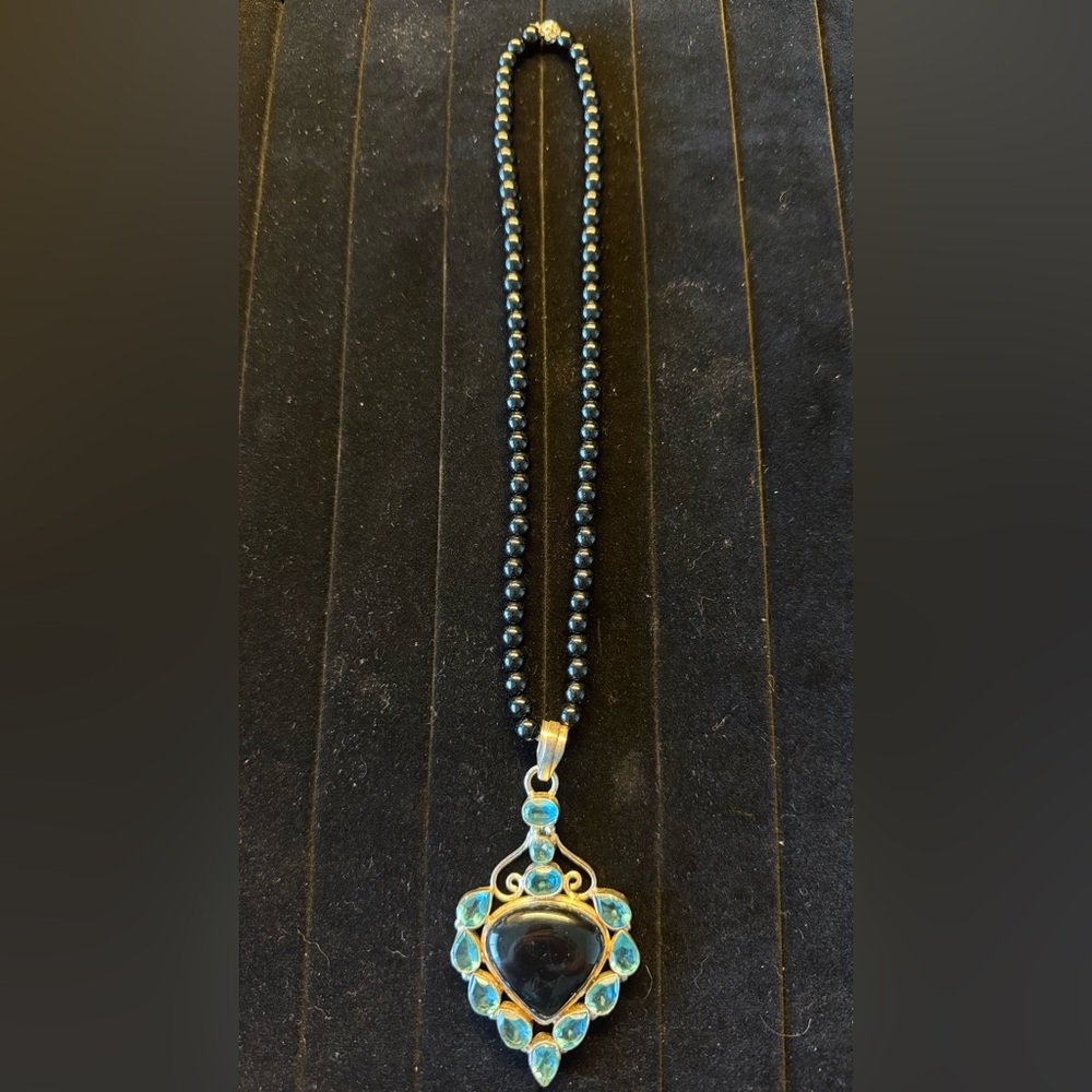 Jay King Black Onyx Pendant Necklace with Blue topaz stones and 925 silver
